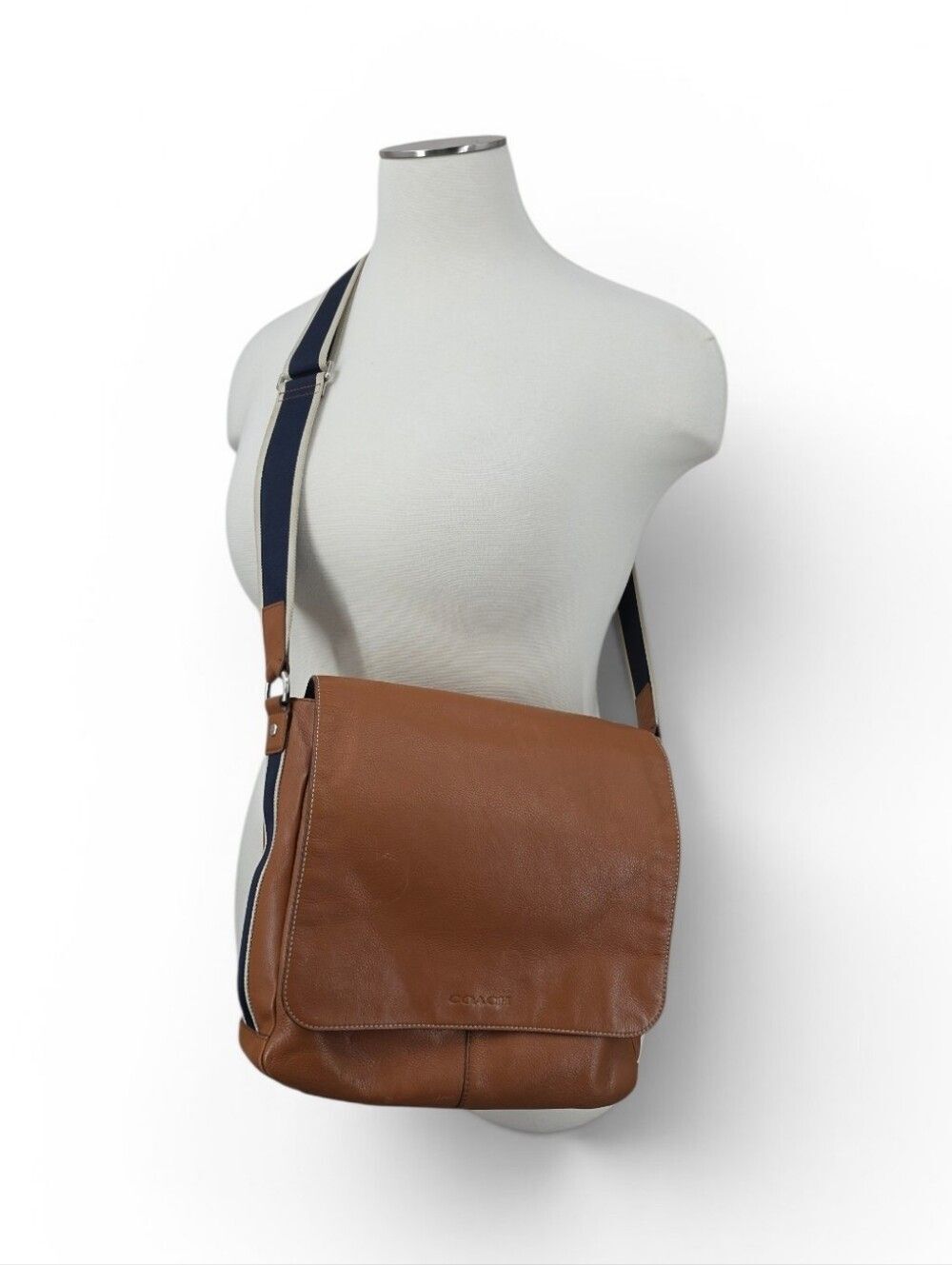 Coach Tan Leather Messenger Bag with Navy Web Strap